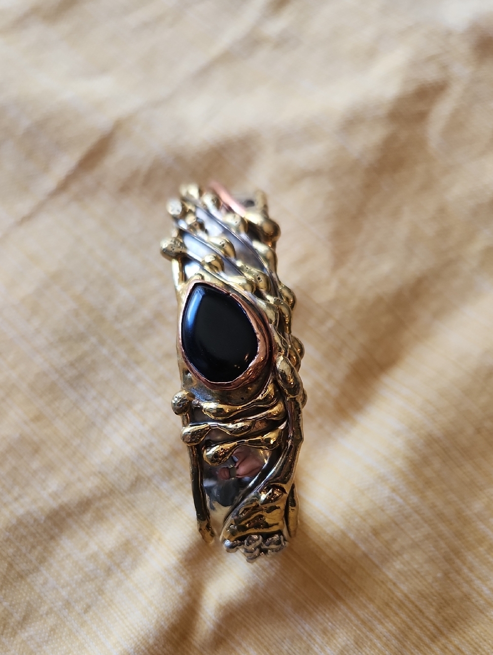 Gold-Tone Mixed Metals Cuff Bracelet with Black Stone Vintage Abstract Copper - Picture 3 of 12
